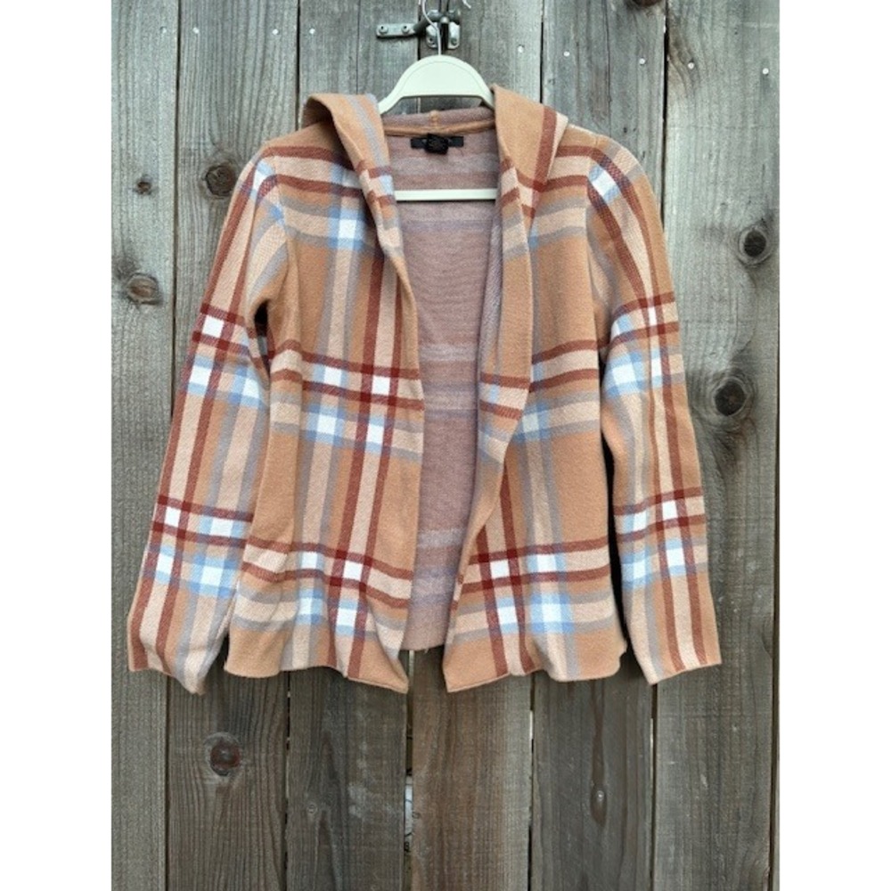 Tahari Women's S Tan Plaid Hooded Open Front Cardigan Sweater